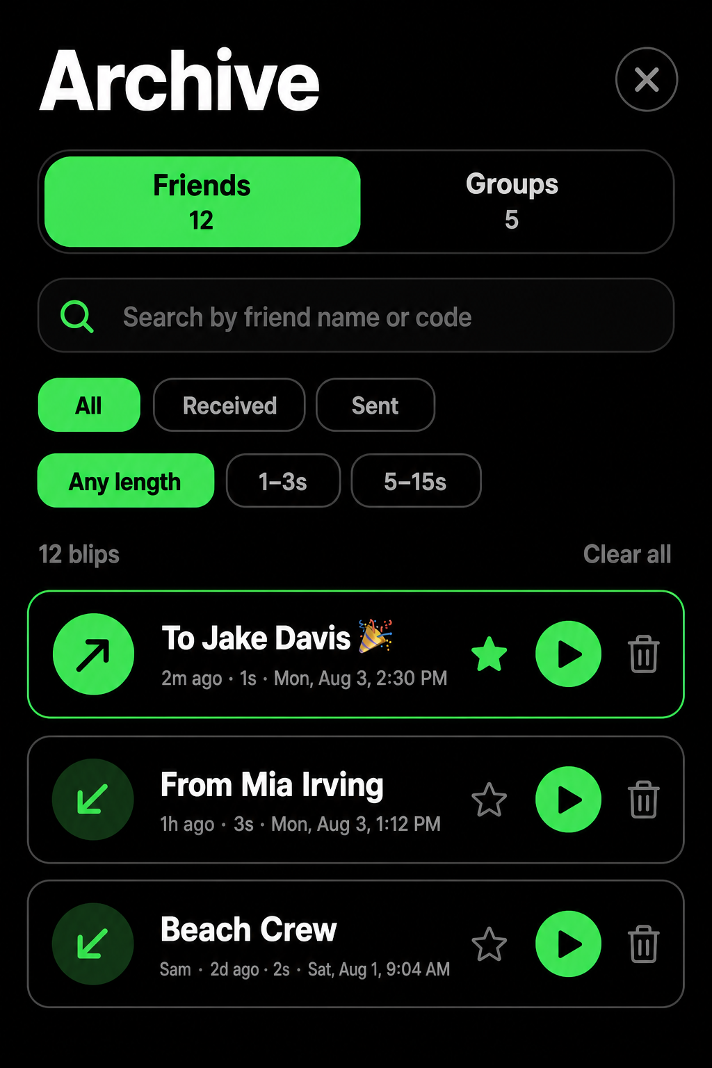 The BlipJab archive: Friends and Groups tabs, a search field, filter chips for All, Received, Sent and by length, then saved blips — one sent to Jake Davis, one from Mia Irving and one from the Beach Crew group — each with a star to keep it, a play button and a delete button