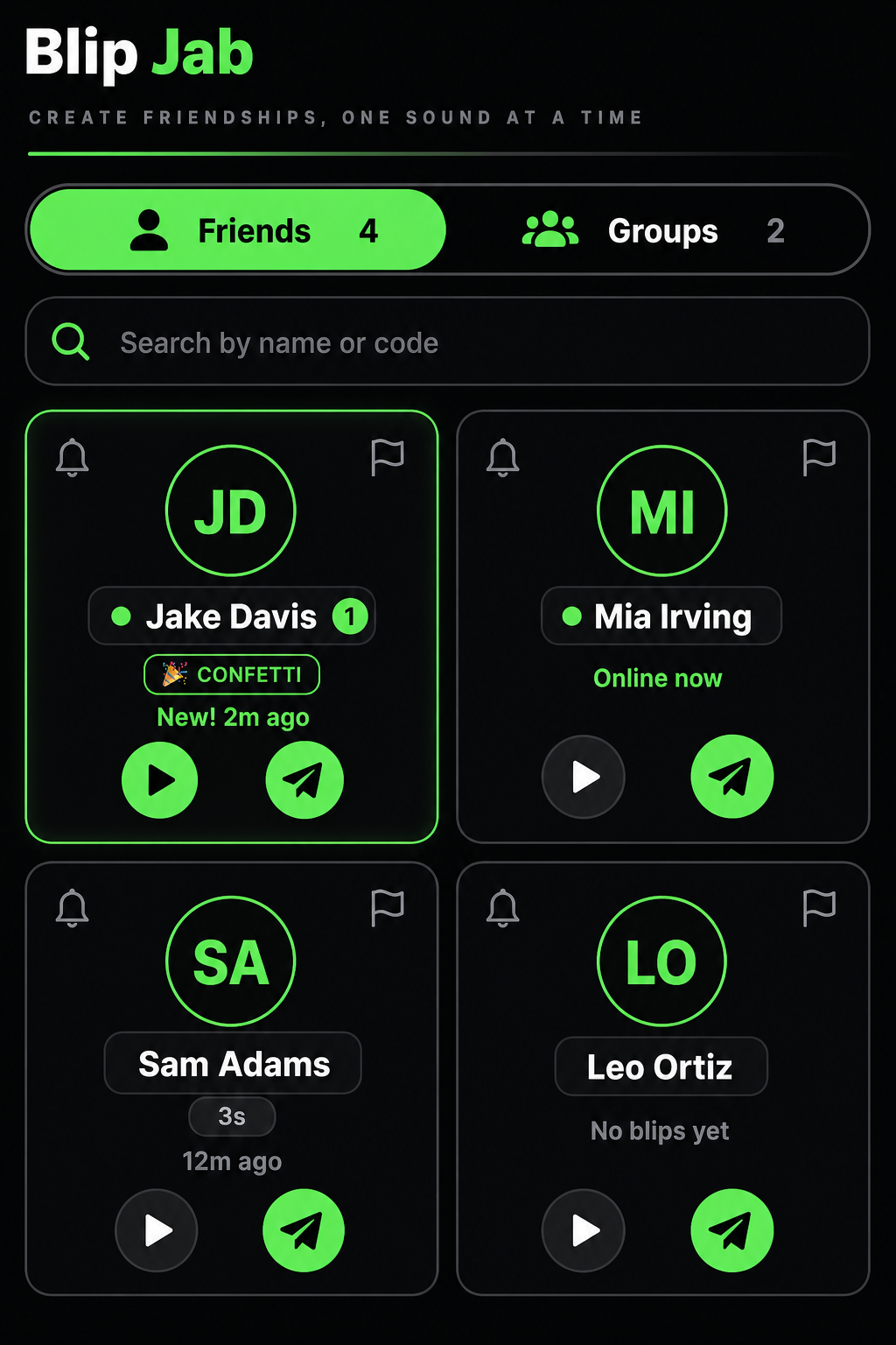 BlipJab friends list: a Friends and Groups switch above a search field and a grid of friend cards, each with initials, a name pill, a status line such as New! or Online now, and play and send buttons
